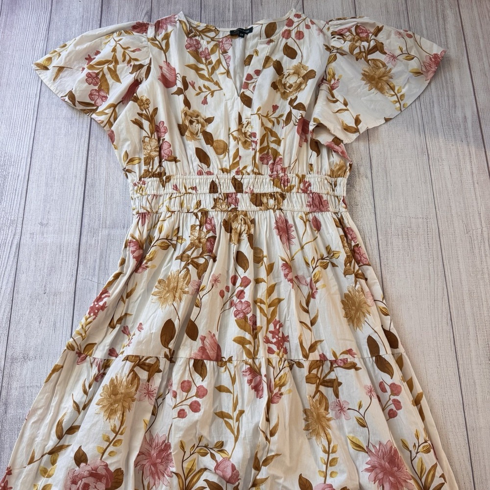 Meadow Rhodes 2X Floral Maxi Dress Cottagecore Tiered Puff Sleeve Smocked Waist